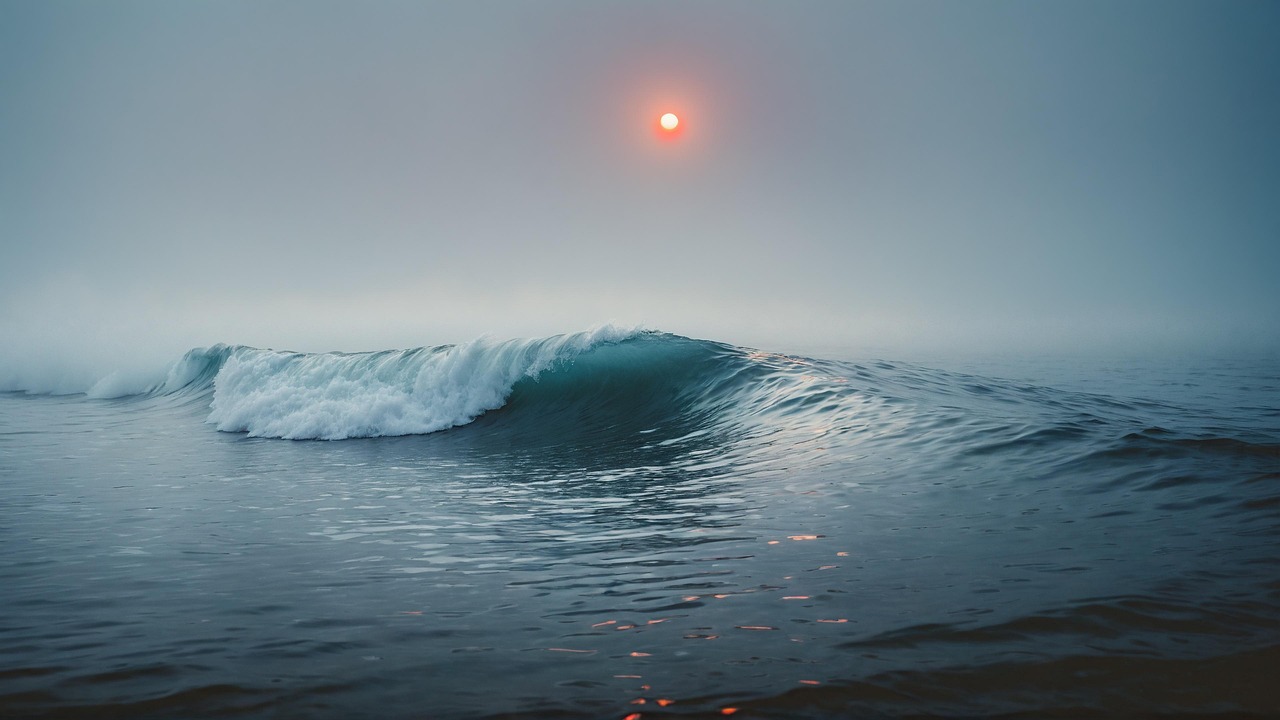 ai generated, wave, ocean, surf, moon, landscape, nature, sunset